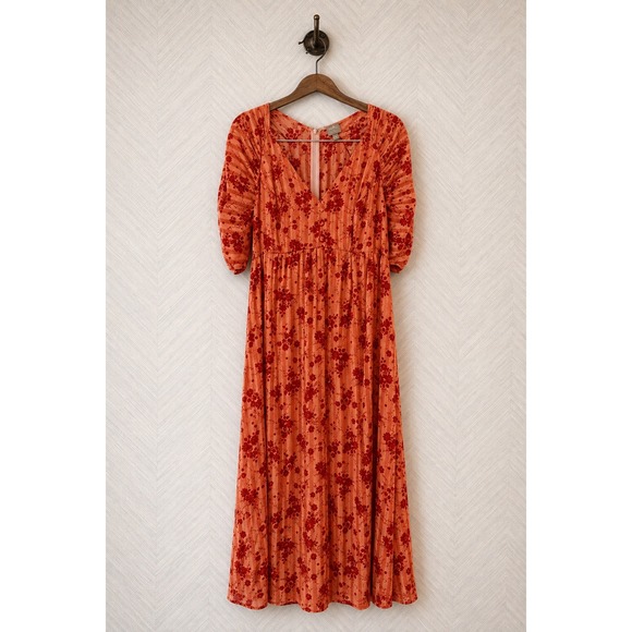 ASOS Dresses & Skirts - ASOS Maxi Dress Floral Burnout Stripe Puff Sleeve Orange Red Size 12